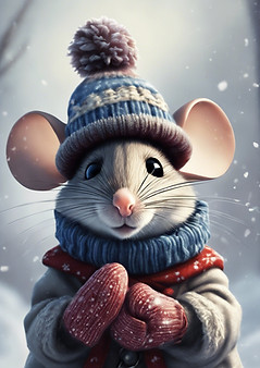 A mouse wearing mittens and a hat in the snow.jpg