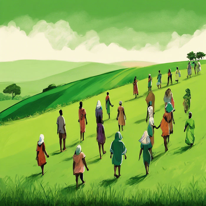 A beautiful green grass field with multi ethnic people holding hands in a long line over a