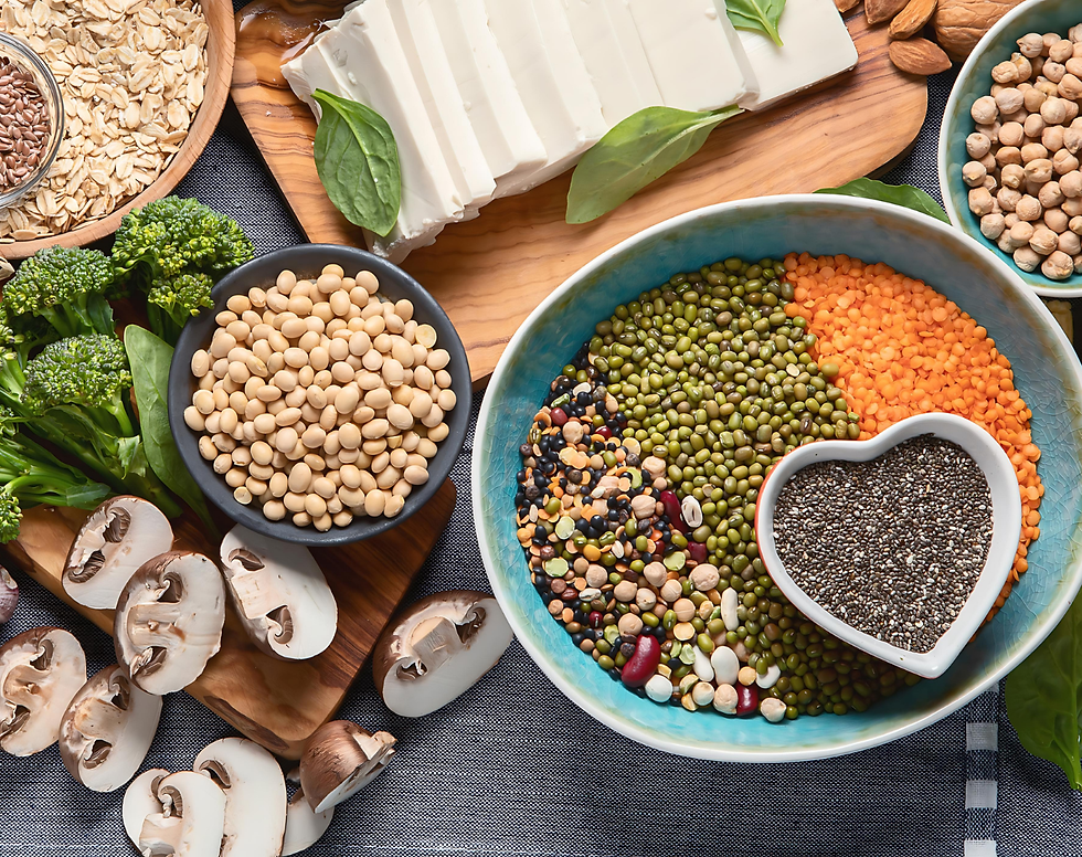 Colorful display of beans, whole grains, fresh fruit, and vegetables