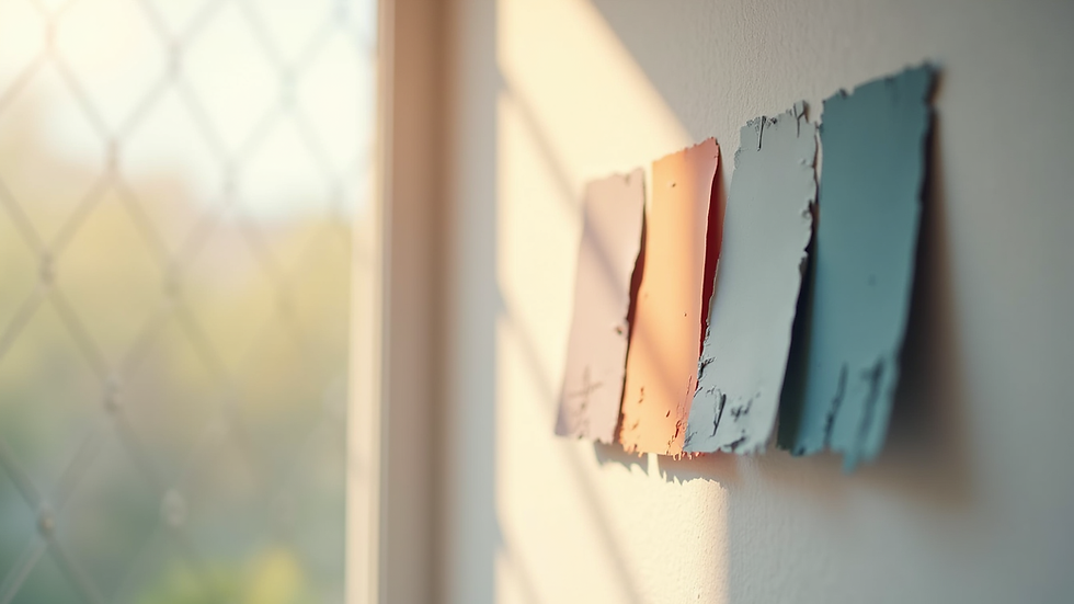 Close-up view of paint swatches on a wall with natural light