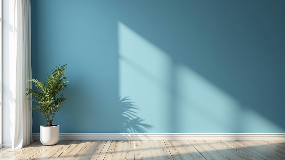 Close-up view of a freshly painted blue accent wall in a modern living room
