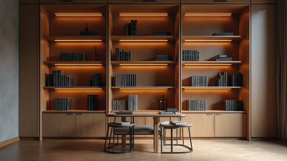 Eye-level view of a custom built-in bookshelf with integrated lighting