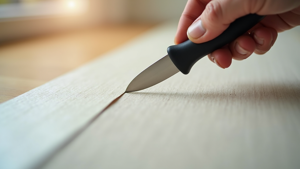 Close-up view of wallpaper strip being trimmed with utility knife