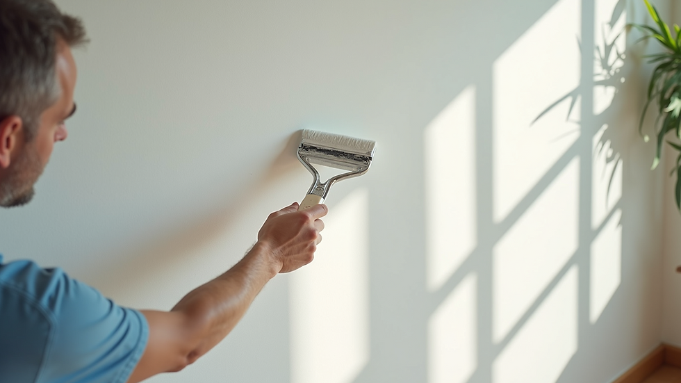 Eye-level view of a painter applying smooth white paint on a living room wall