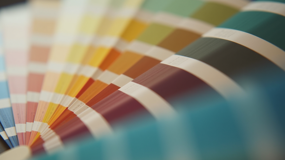 Eye-level view of a paint swatch fan displaying various interior paint colors