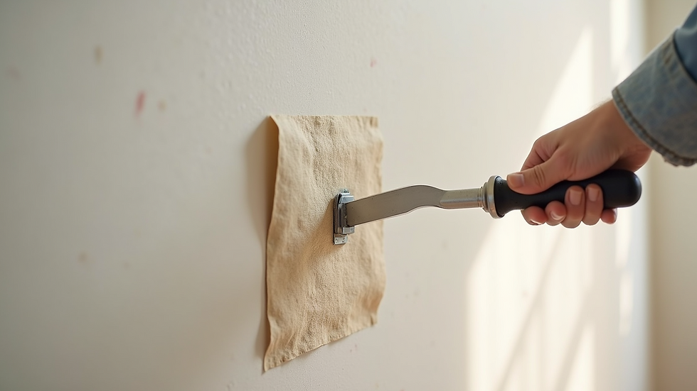 Eye-level view of wallpaper smoothing tool pressing wallpaper on wall