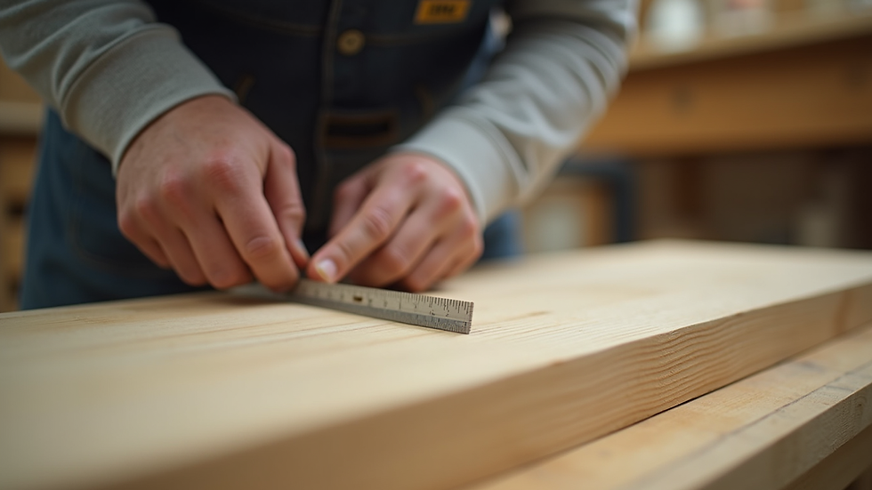 Close-up view of a carpenter measuring and cutting wood for a custom cabinet