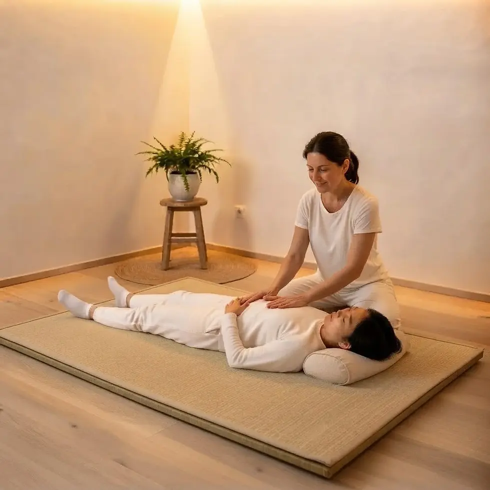 Studio photography of a practitioner giving a Reiki treatment to a client lying on a mat. The setting is peaceful and minimal with warm, soft lighting.