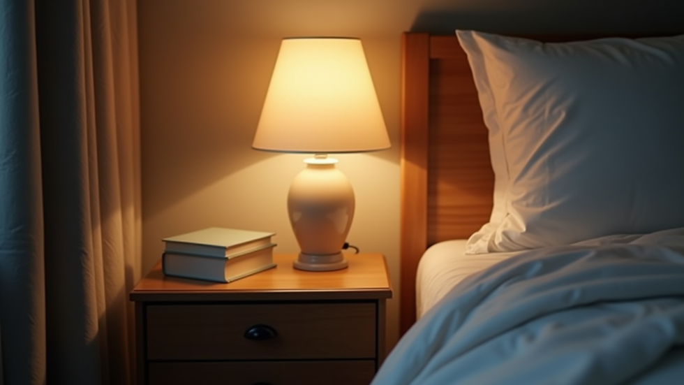 Close-up view of a bedside table with a softly glowing lamp and a book