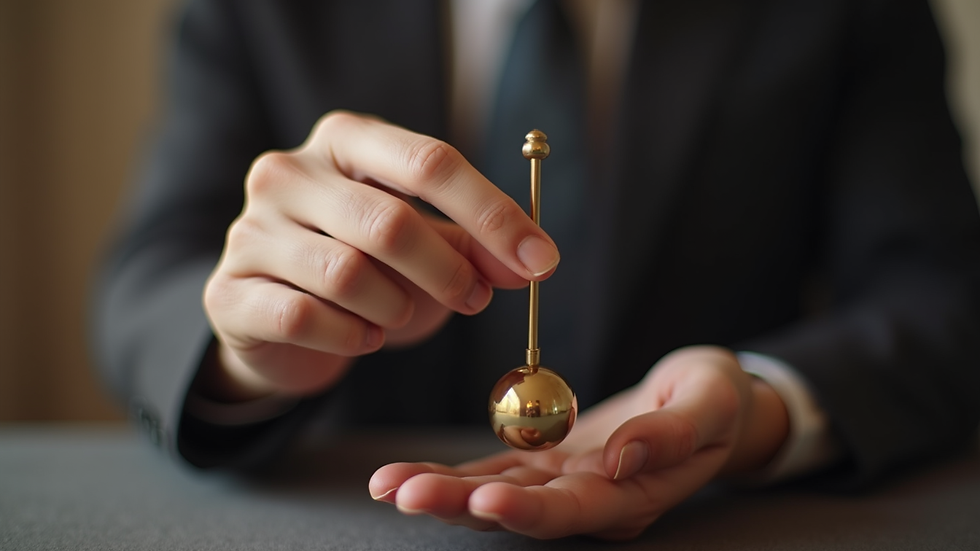 Close-up view of a hypnotherapist’s hand holding a pendulum during a session
