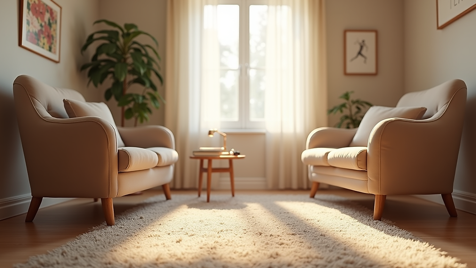 Eye-level view of a calm therapy room with comfortable chairs and soft lighting