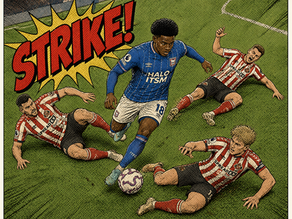 Comic-style soccer scene: blue player dribbles past three red-and-white defenders on green pitch, with big STRIKE! text.