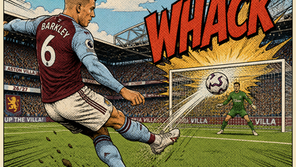 Aston Villa player Barkley #6 blasts a shot toward goal as a keeper watches; comic-style WHACK fills the stadium.