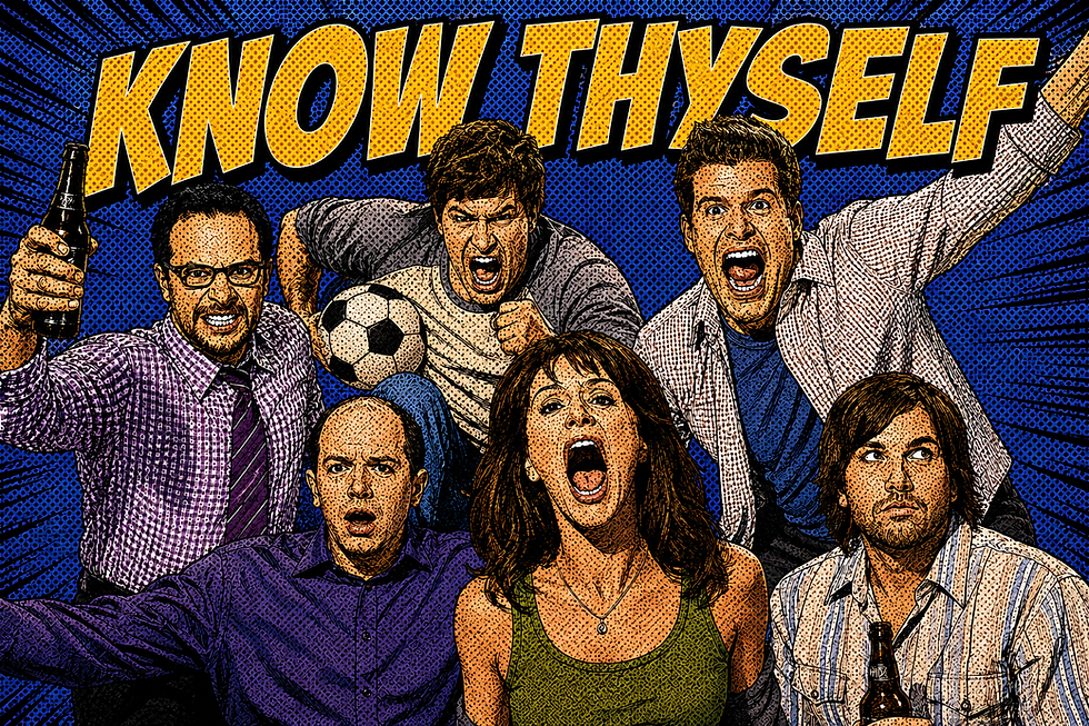 Six adults cheer and shout in a comic-book poster under KNOW THYSELF, against a blue halftone burst.