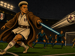 Comic-style Fulham player swings a glowing blue strike at goal in a packed stadium, with defenders and goalkeeper ready to react.