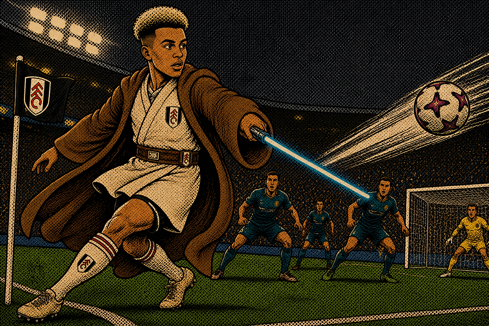 Comic-style Fulham player swings a glowing blue strike at goal in a packed stadium, with defenders and goalkeeper ready to react.