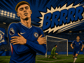 Chelsea player in blue stands arms crossed as comic-style BRRRR bursts over a soccer stadium with goal and teammates.