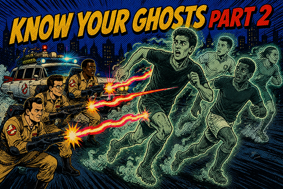 Ghostbusters-style poster art: four men in tan suits fire proton beams at glowing ghostly runners, with Know Your Ghosts Part 2 text.
