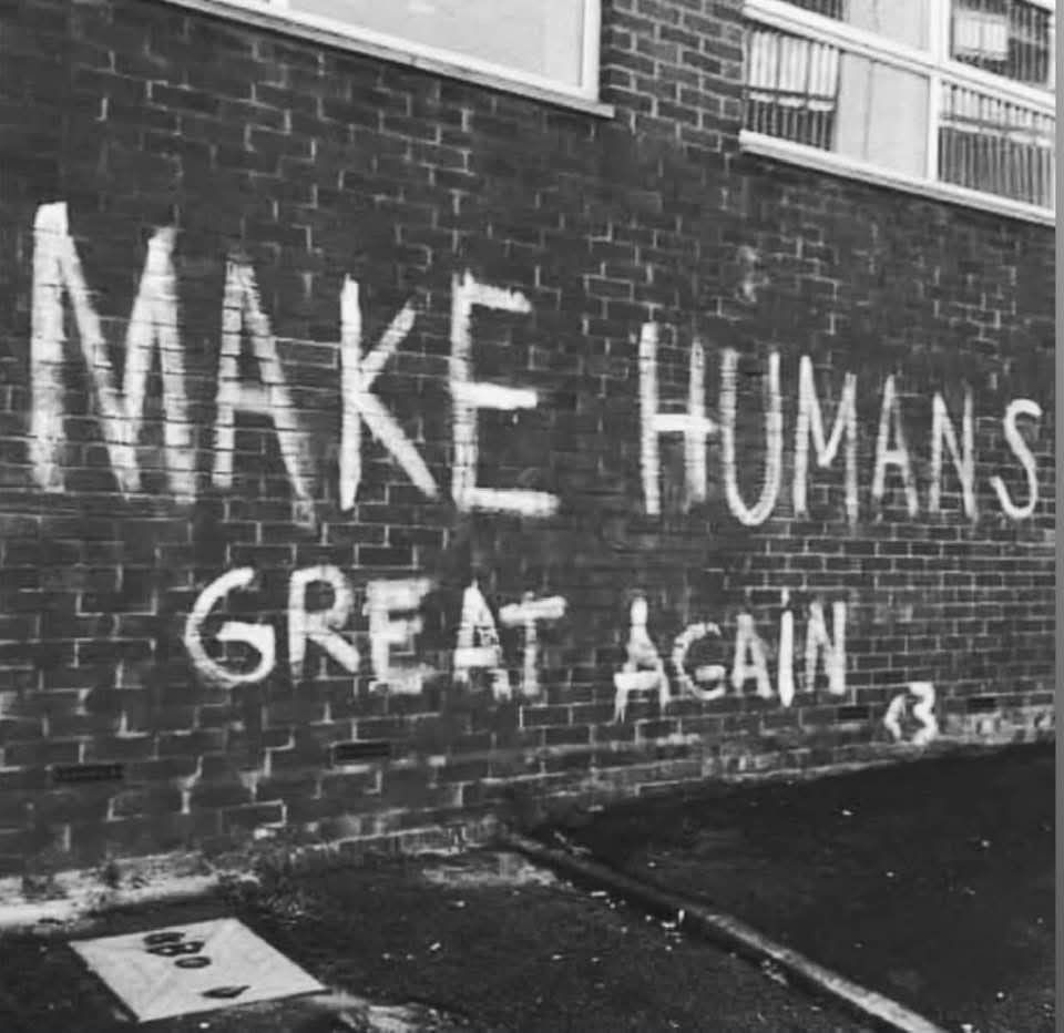 Graffiti on a brick wall reads "MAKE HUMANS GREAT AGAIN" with a heart symbol. Urban setting, monochrome, reflective mood.