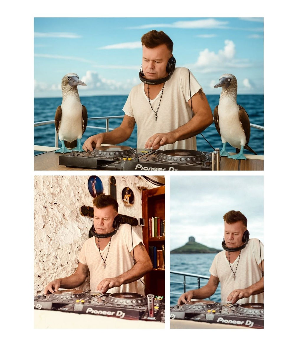 Luciana Machado / Lucy Machado 
DJ with headphones and cross necklace mixes on Pioneer DJ set, flanked by two blue-footed boobies. Background: ocean and cloudy sky.
