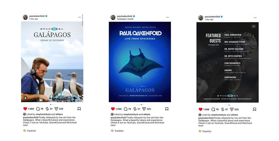 Luciana Machado / Lucy Paul Oakenfold Galápagos playlist cover designed by Luciana Machado for Space2Sea Galápagos expedition
Machado DJ with headphones plays music near birds on a ship. A manta ray on a blue background text reads: "Paul Oakenfold, Galápagos." Guest list features scientists and artists.