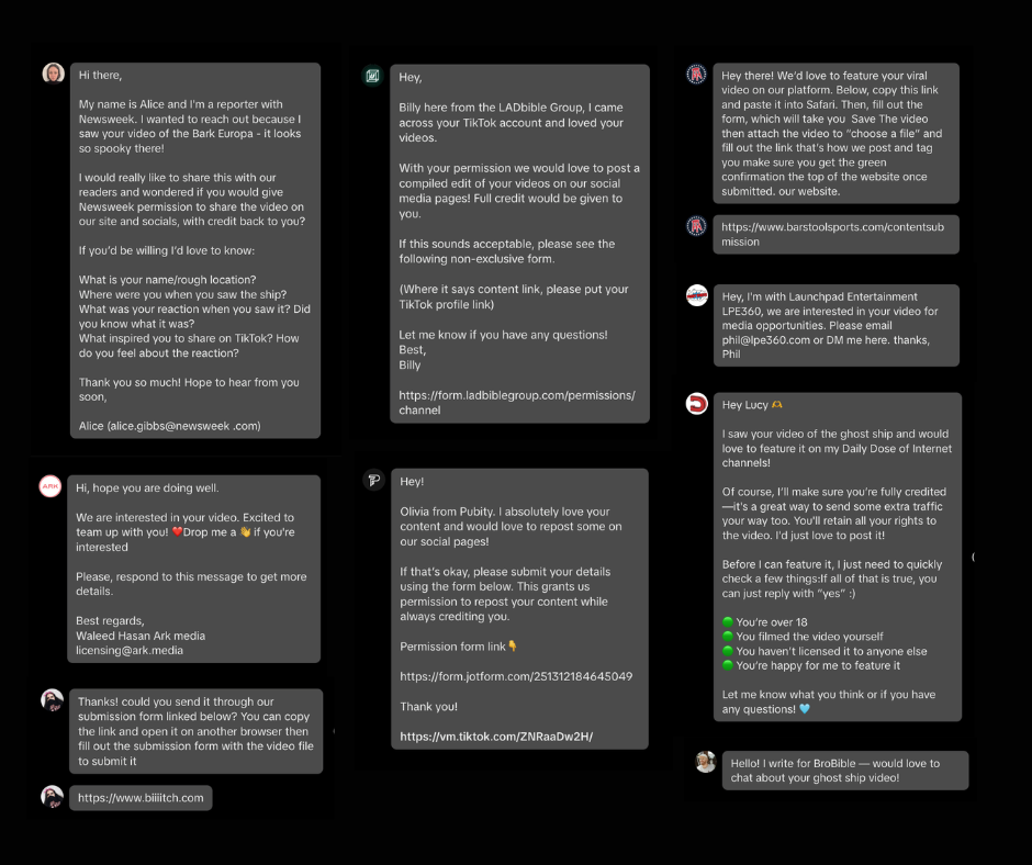 Text conversations requesting permission to use a ghost ship video. Messages from media outlets like Newsweek, LADbible, and BroBible.