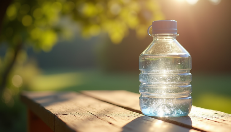 Eye-level view of a refreshing iced water bottle on a wooden bench outdoors