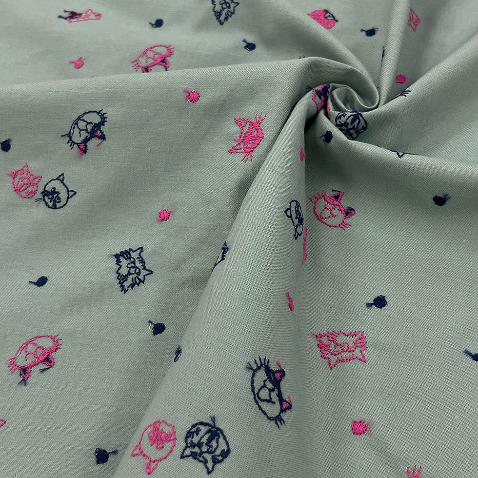 YR9002『ねこ玉』　C/#B　スモーキーミント×ネイビーピンク刺繍　　　　　　　　　　　　　　　　　　　●素材　【スモーキーミント】　コットン100%　刺繍糸 コットン100%　●生地幅 112cm（刺繍幅約100cm）