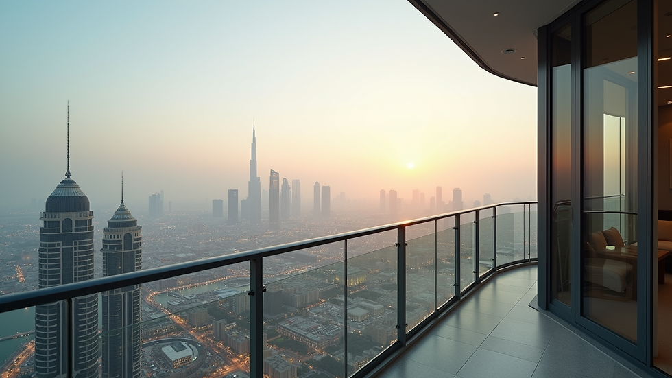 High angle view of a luxury apartment balcony overlooking Downtown Dubai skyline