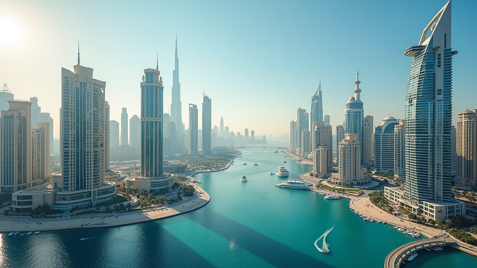 High angle view of luxury skyscrapers and waterfront in Dubai Marina