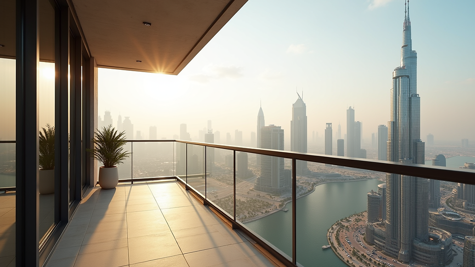 Wide angle view of a luxury apartment balcony overlooking Dubai skyline