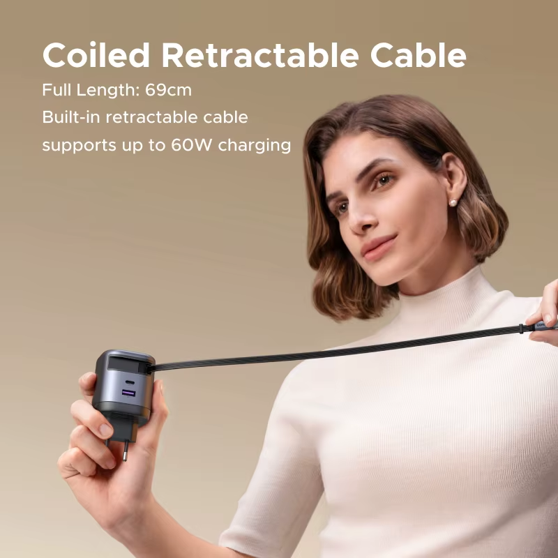 Thumbnail: 65W Gan Charger with Retractable USB C Cable for Iphone 17 16 Pro Samsung Xiaomi