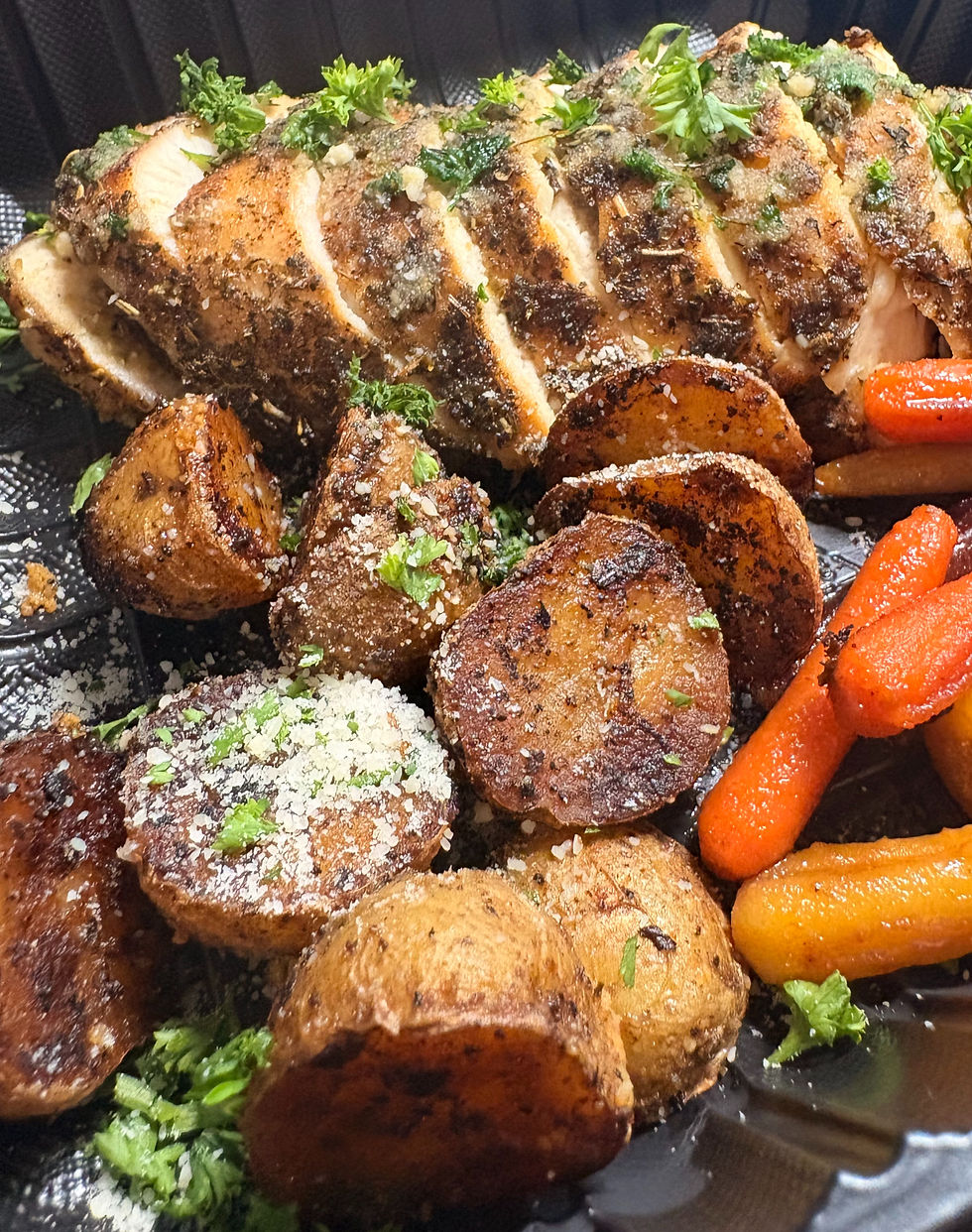 Butter Herb Chicken, Candied harvest carrots, pan seared parm potatoes_edited