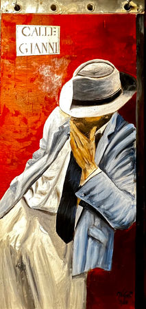 Painting of a man in a light suit and white hat pulled down in front of a red wall, on recycled wood, work by Michaël Viger entitled Calle Gianni