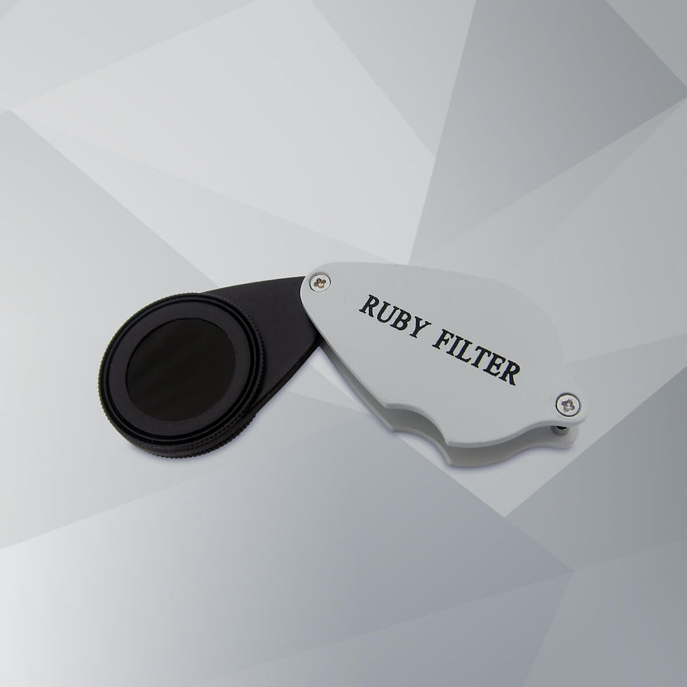 Black and silver Ruby Filter attachment on a geometric gray background. The filter is unfolded, displaying the text "RUBY FILTER."