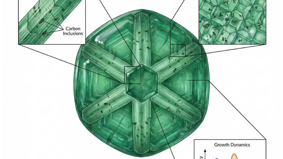 Cross-section of a green Trapiche emerald showing growth sectors and inclusions. Insets detail growth structures and microscopic features.