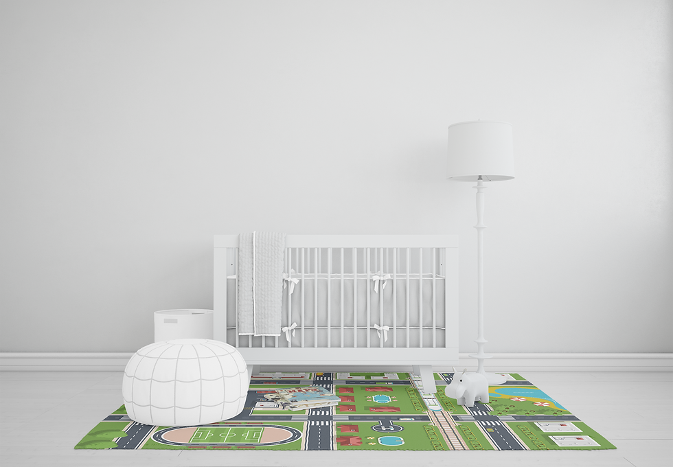 Thumbnail: Şehir temalı modern halı tasarımı; stadyum, tren yolları, evler ve yollar gibi şehir detaylarını içeren dekoratif halı modeli