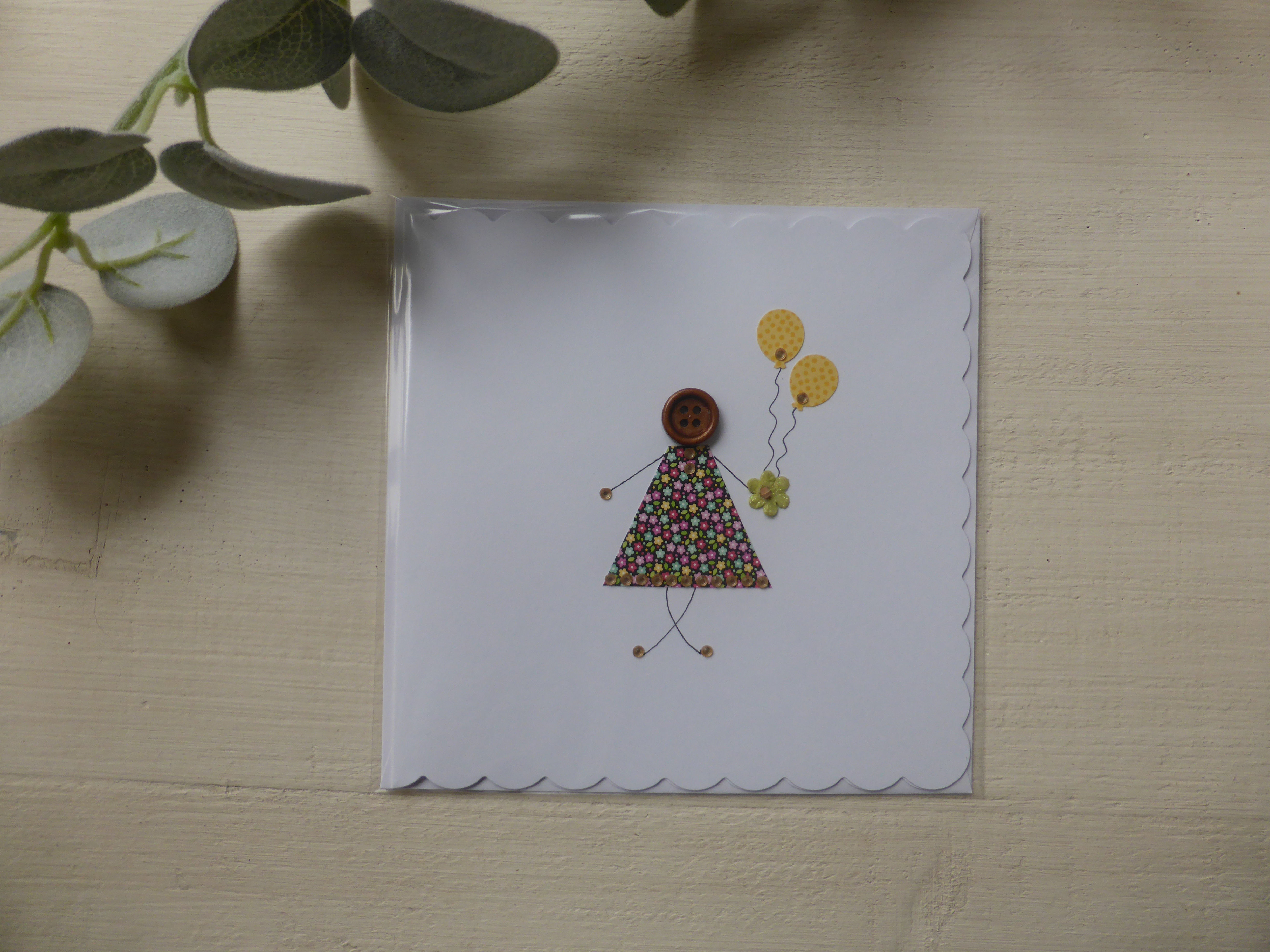 Button Lady with Balloons Greetings Card