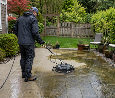 Technician using surface-cleaning equipment to remove organic buildup from a concrete patio.