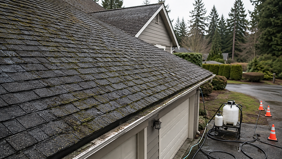 Moss-streaked asphalt shingle roof with professional roof treatment equipment staged nearby.