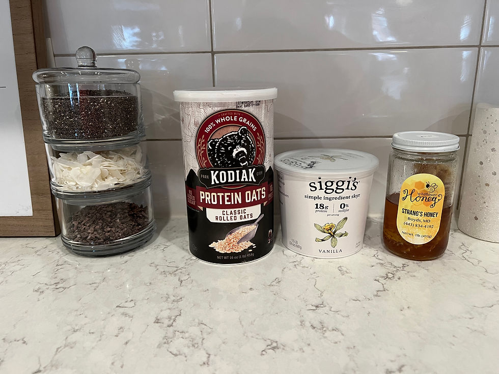 In the glass storage (top to bottom) I keep chia seeds, coconut flakes, and cacao nibs for easy access. Great for toppings and mix-ins. Recommended: Use local honey rather than 'mainstream' honey.