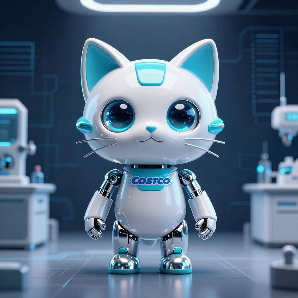 Costco Cat robot mascot in a high-tech lab