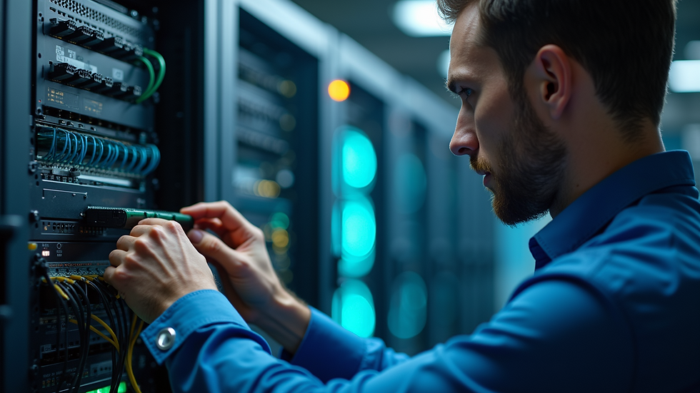 Close-up view of a technician configuring network hardware