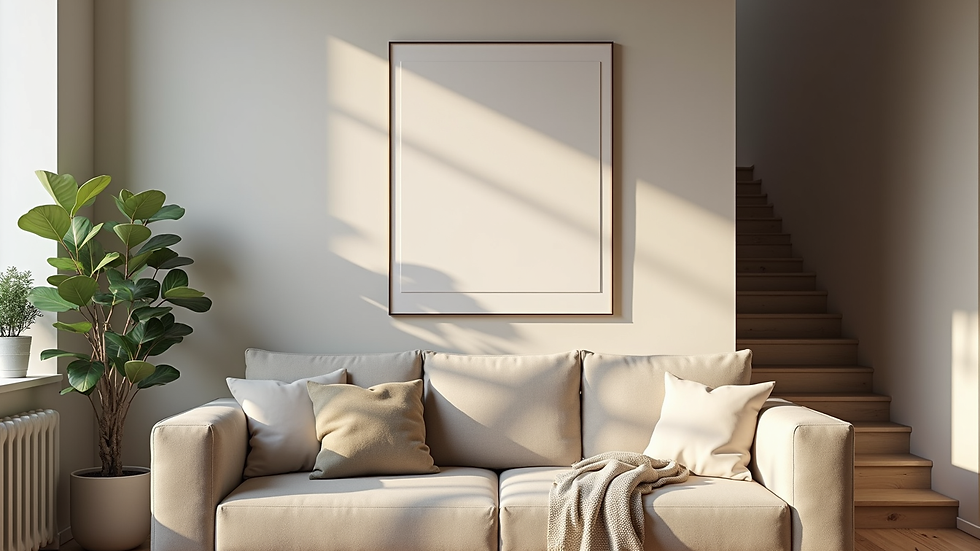 Eye-level view of a personalized painting hanging on a cozy living room wall