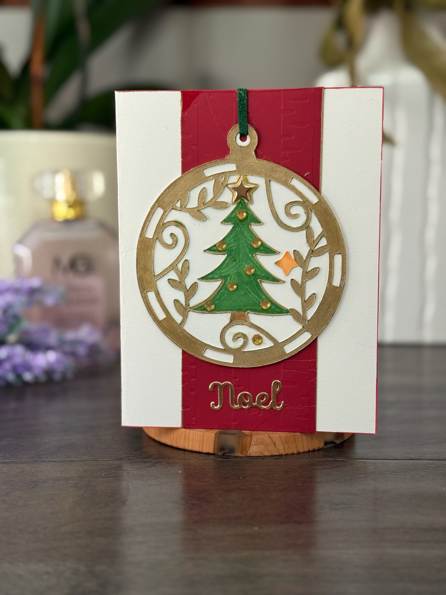 Handmade Holiday Christmas Card – Red Green Ornament Tree | Blank Inside