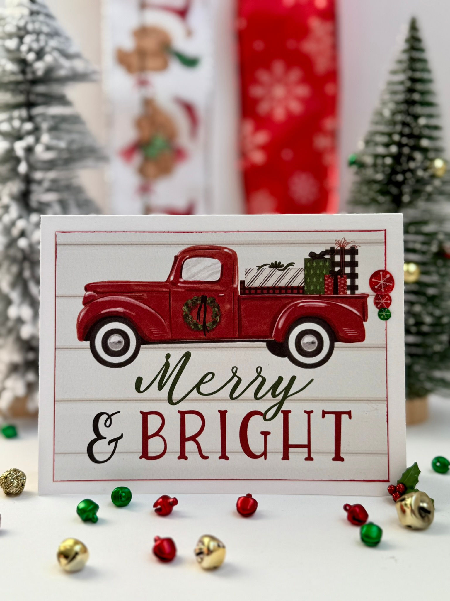 Merry & Bright Handmade Christmas Card | Red Truck Holiday Greeting Decor