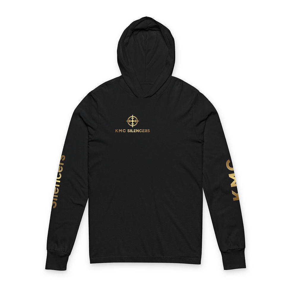 Thumbnail: KMC Silencers logo hooded long sleeve tee | White with gold sleeve text