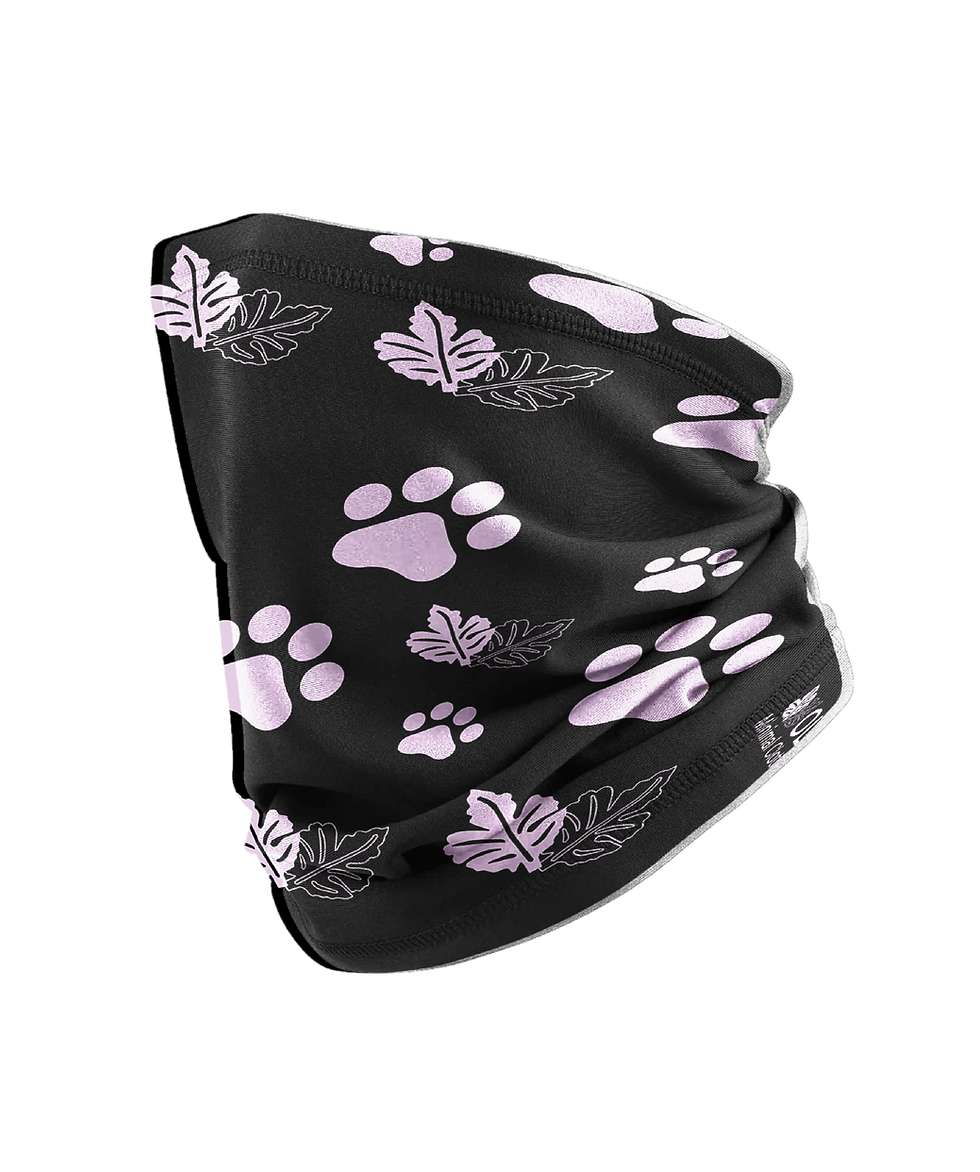 vista lateral de buff marca OLC para mujer con diseño de huellas de perritos
