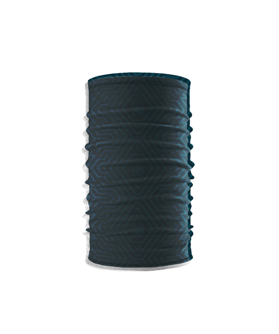 vista frontal de buff tubular para el cabello o cuello colo negro con diseño de figuras geometricas