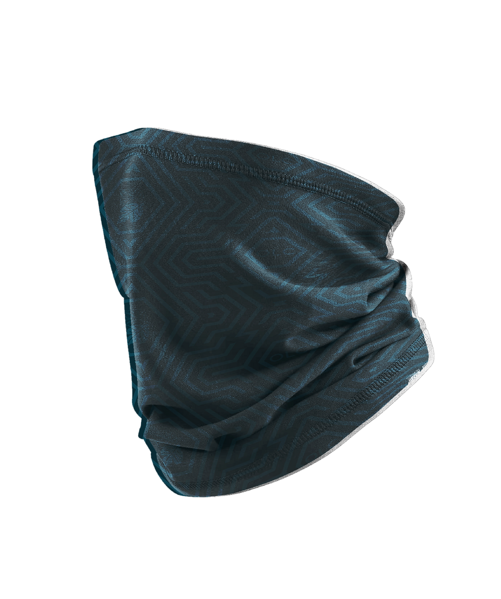 vista lateral de buff para el cabello o cuello colo negro con diseño de figuras geometricas
